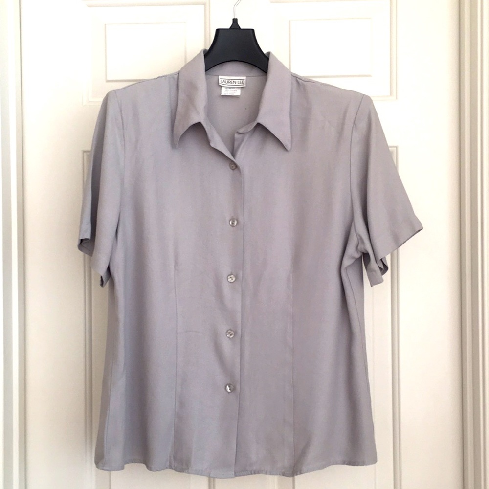 Lauren Lee Button Down Shirt Size 12 Gray Short Sleeves Shoulder pads